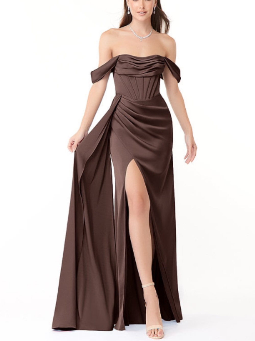 Azazie Amyra Convertible Off-Shoulder Bridesmaid Dress in Ganache Brown
